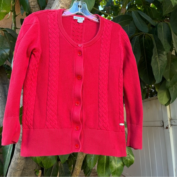 Lacoste 🐊 red cable knit  long sleeve button down cardigan sweater. - Picture 2 of 11